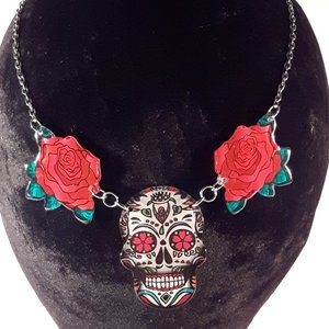 Jewelry Necklace Day of The Dead Skull/Sugar Skull with Roses